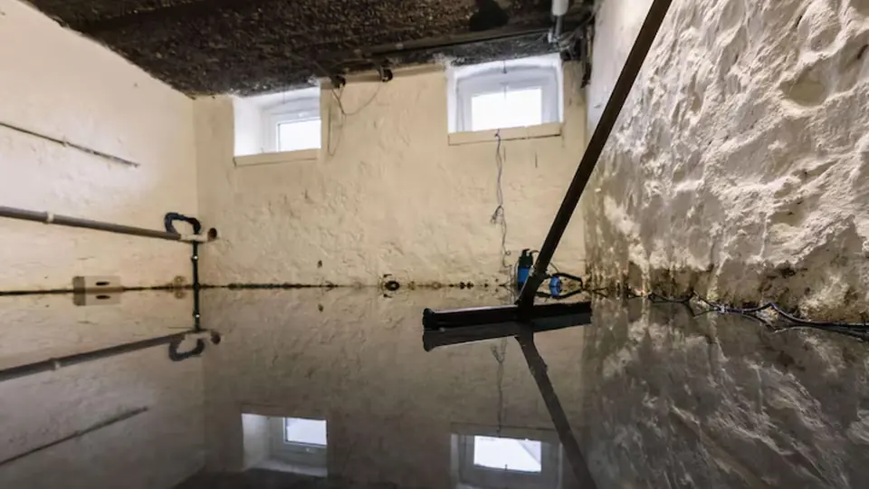 Flooded basement being squeegeed toward the drain
