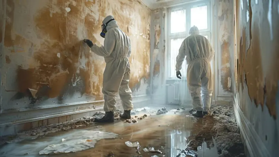 Technicians in protective gear working in a mold-damaged room