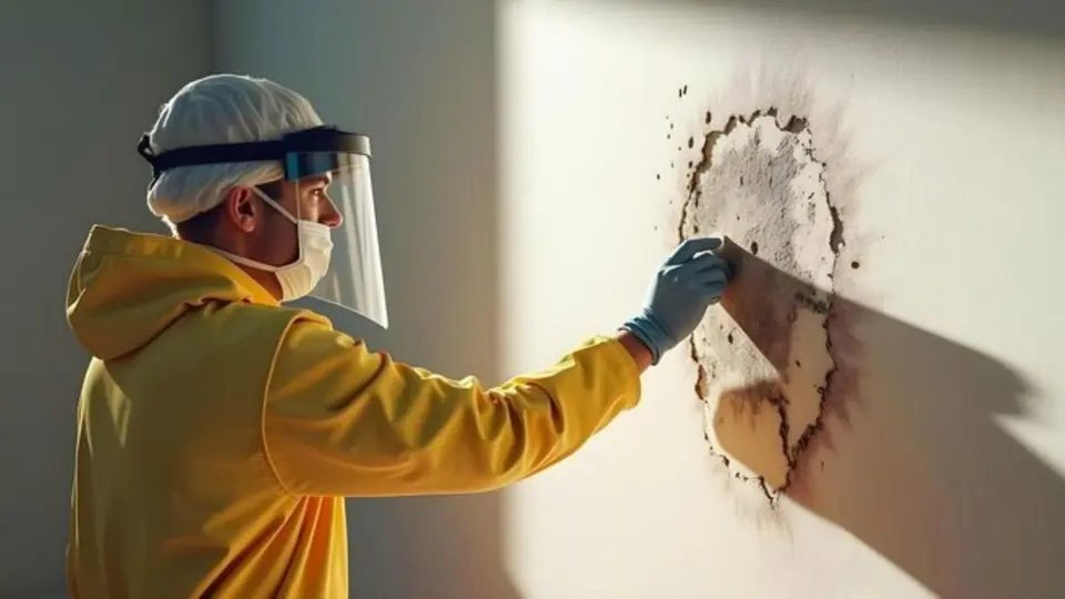 Person in a face shield and yellow suit wiping a moldy wall