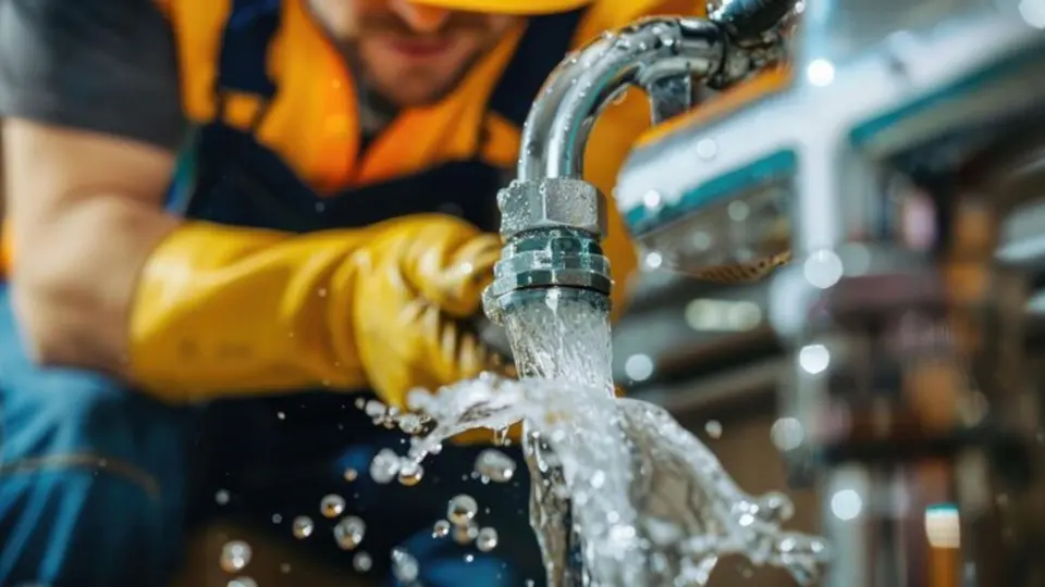 Plumber with a gloved hand tightening a leaking pipe joint