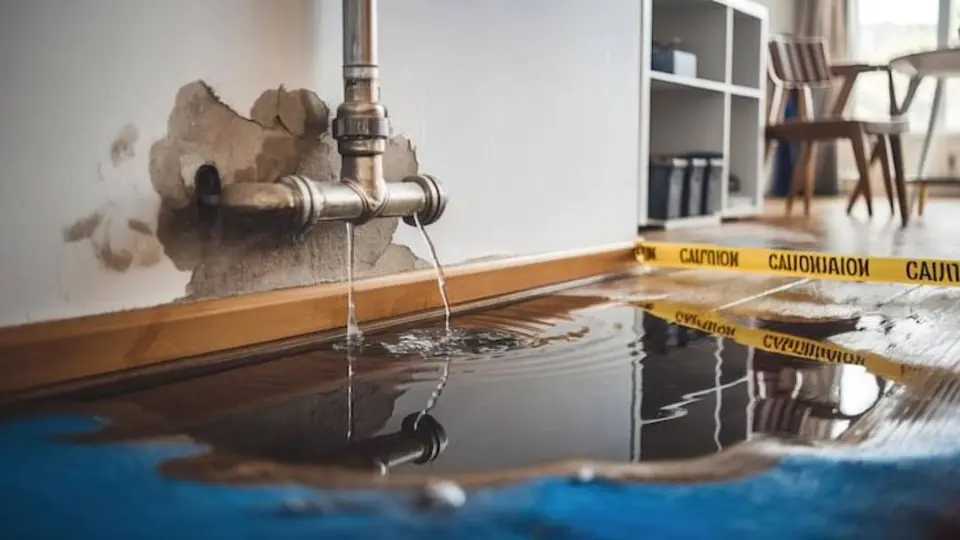 Water pooling under a leaking pipe with caution tape across the floor